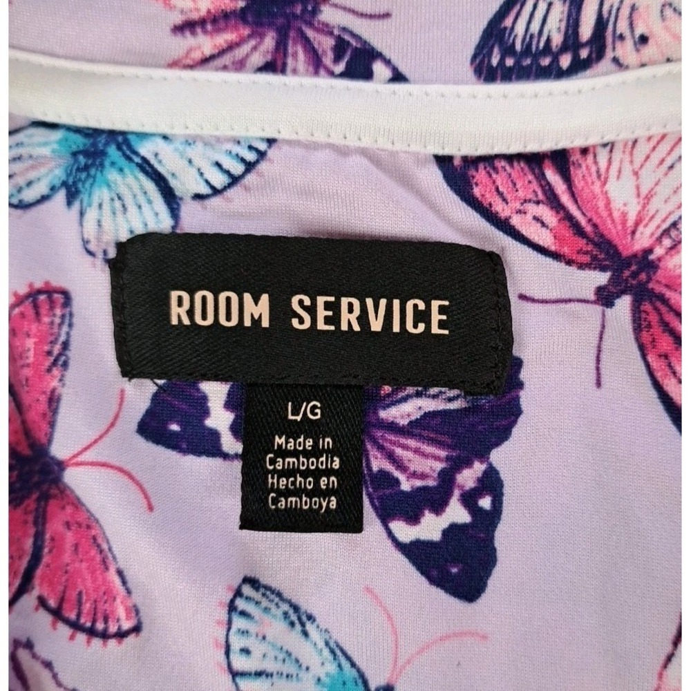 Room Service Sleep Top L Purple Butterfly Print Button Up Soft Pajama Spandex - Picture 4 of 10